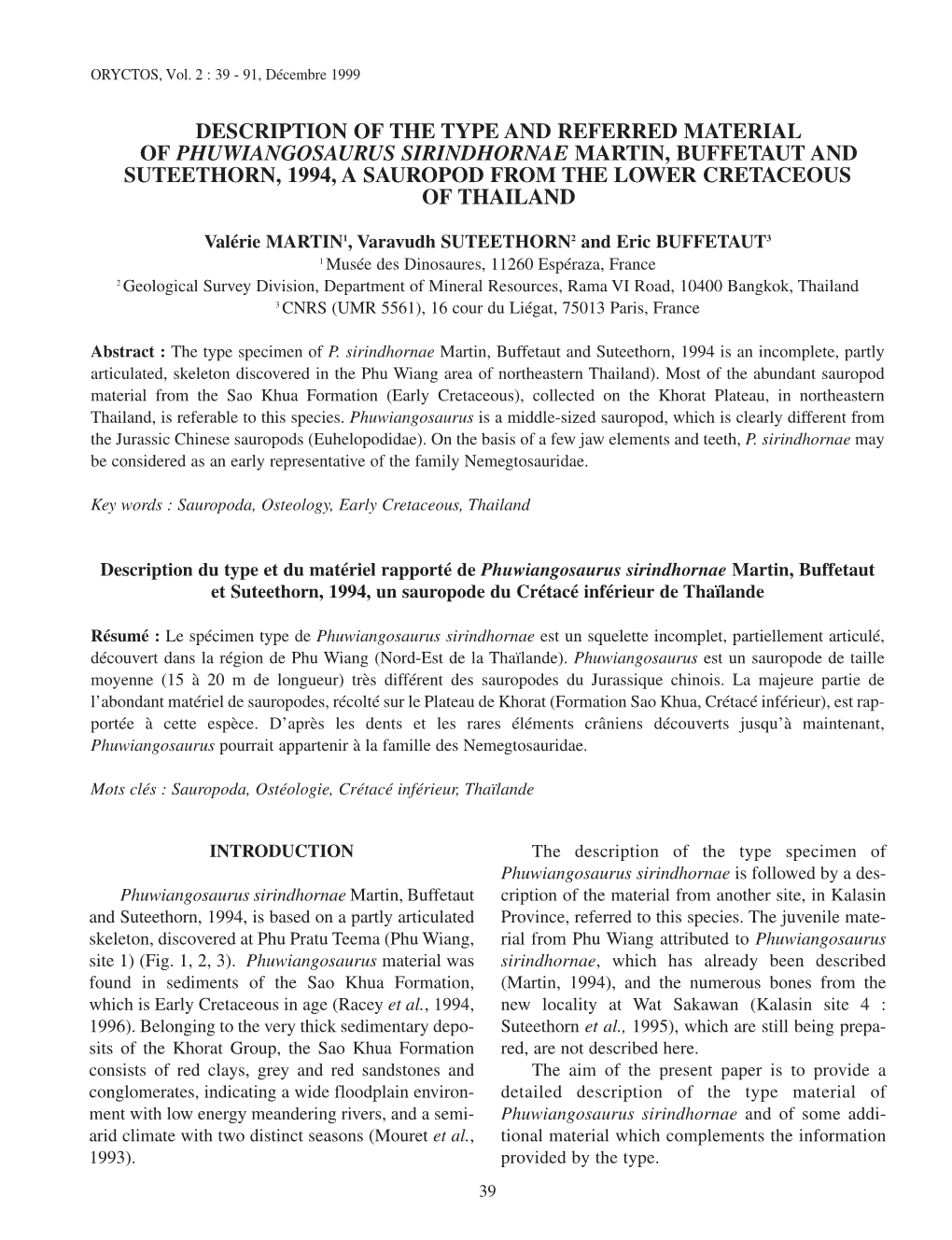 Valérie Martin, Varavudh Suteethorn & Eric Buffetaut, Description of the Type and Referred Material of Phuwiangosaurus