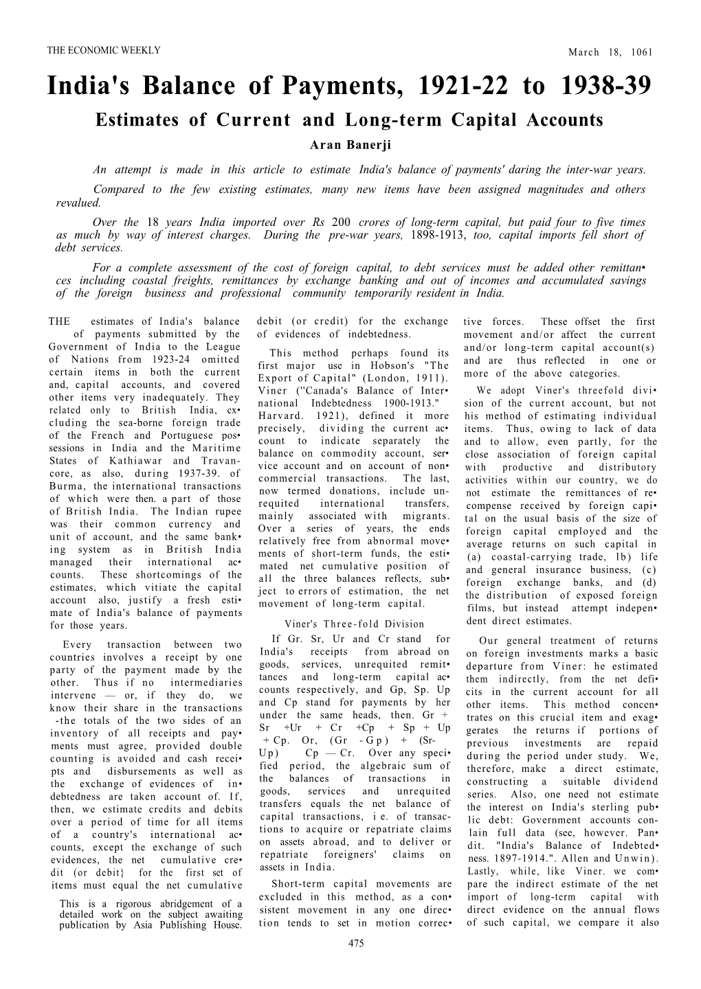 India's Balance of Payments, 1921-22 to 1938-39