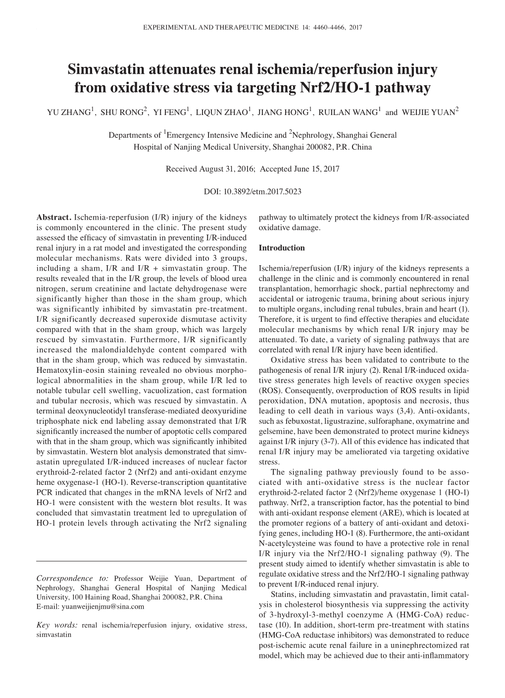 Simvastatin Attenuates Renal Ischemia/Reperfusion Injury from Oxidative Stress Via Targeting Nrf2/HO‑1 Pathway