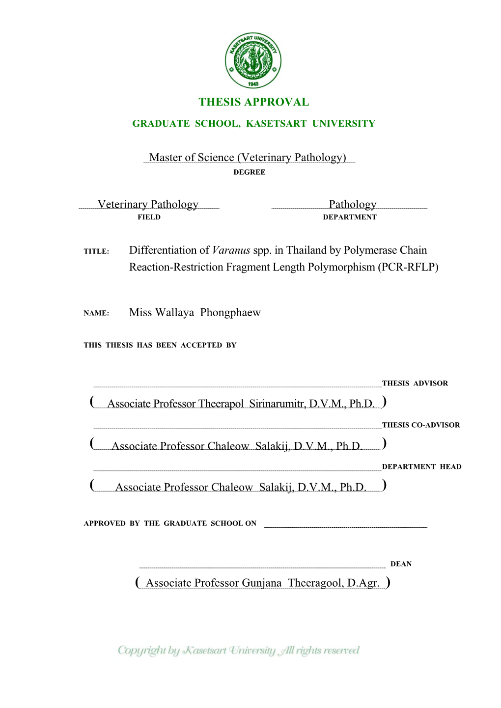 THESIS APPROVAL Differentiation of Varanus Spp. in Thailand By