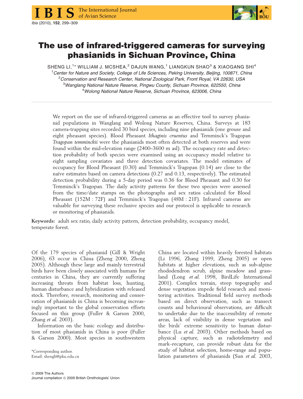 The Use of Infrared-Triggered Cameras for Surveying Phasianids in Sichuan Province, China