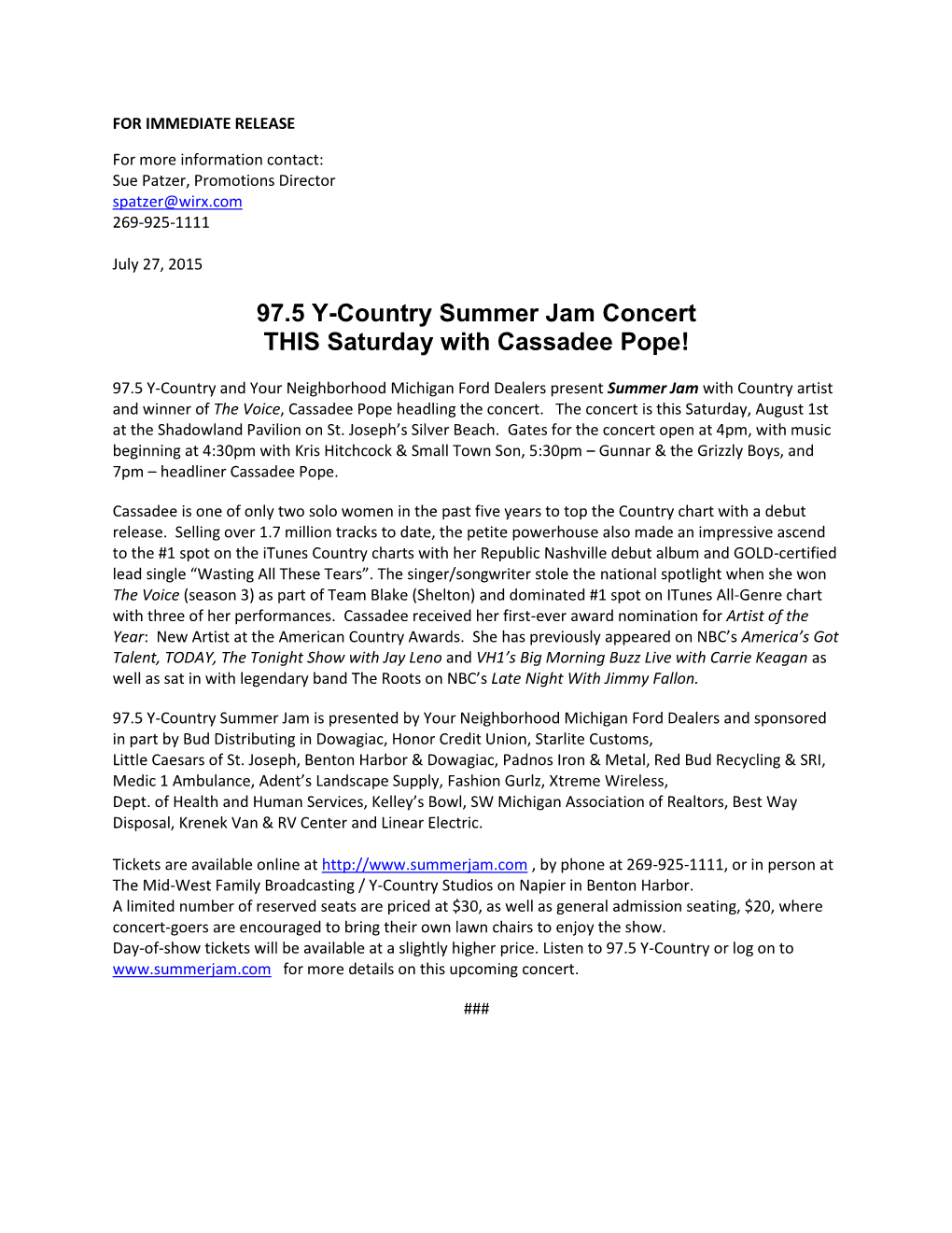 97.5 Y-Country Summer Jam Concert THIS Saturday with Cassadee Pope!