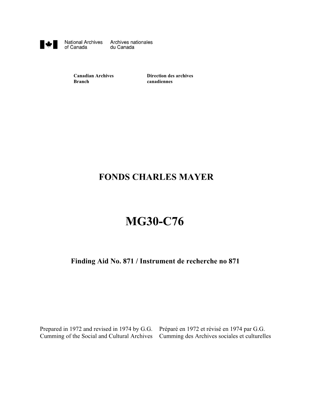 Fonds Charles Mayer MG30-C76 Contenant Dossier Liste De Dossiers Date
