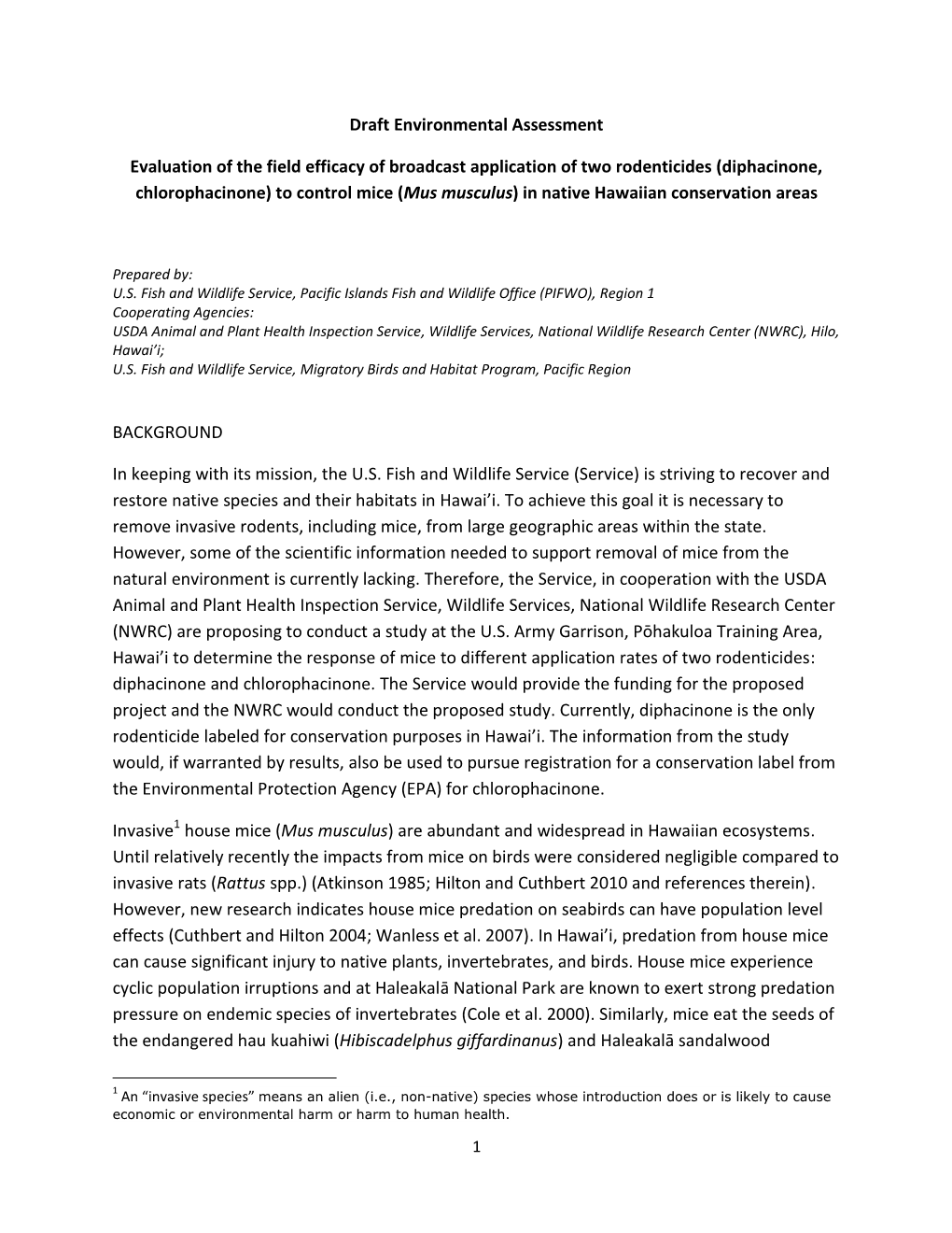 Draft Environmental Assessment Evaluation of the Field Efficacy Of