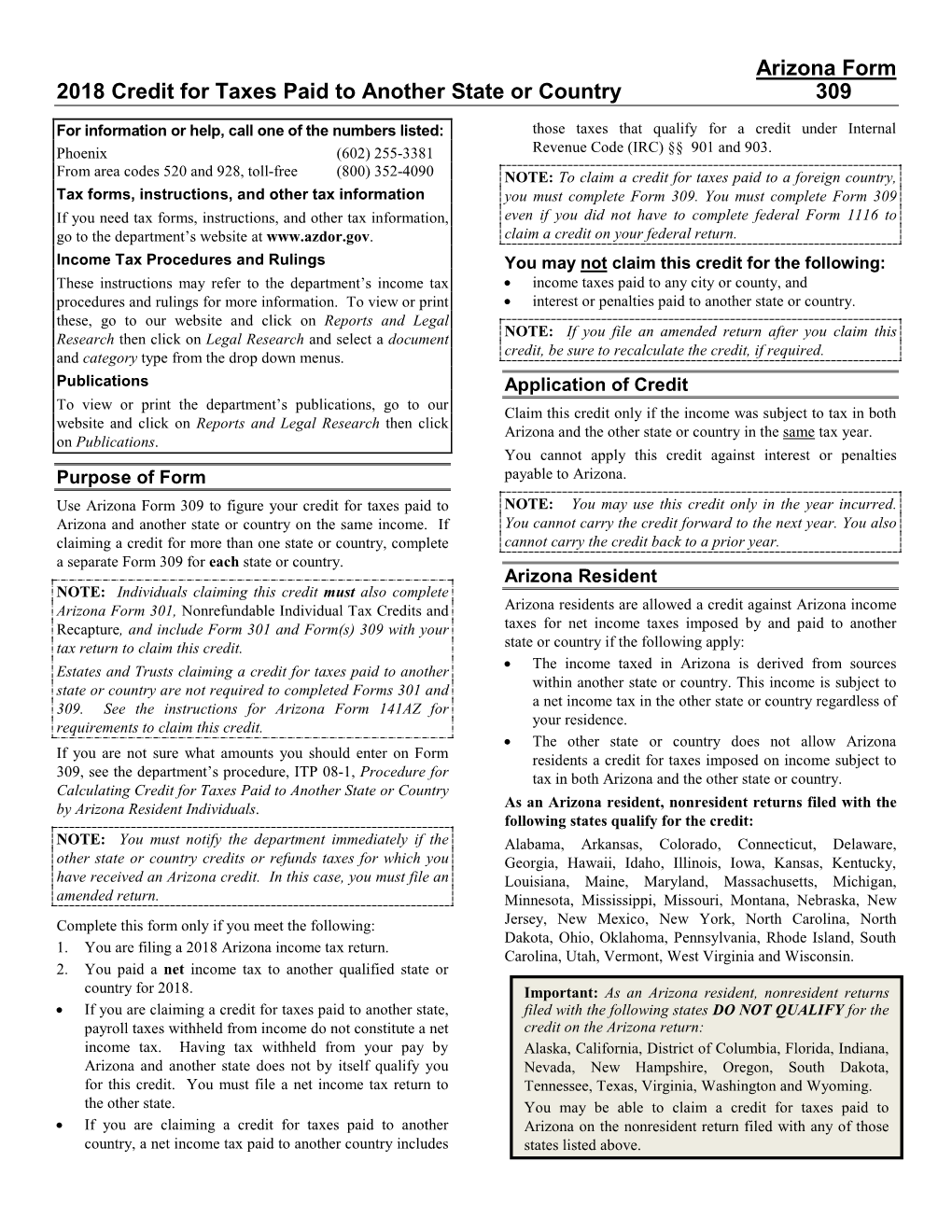 Form 309 Instructions