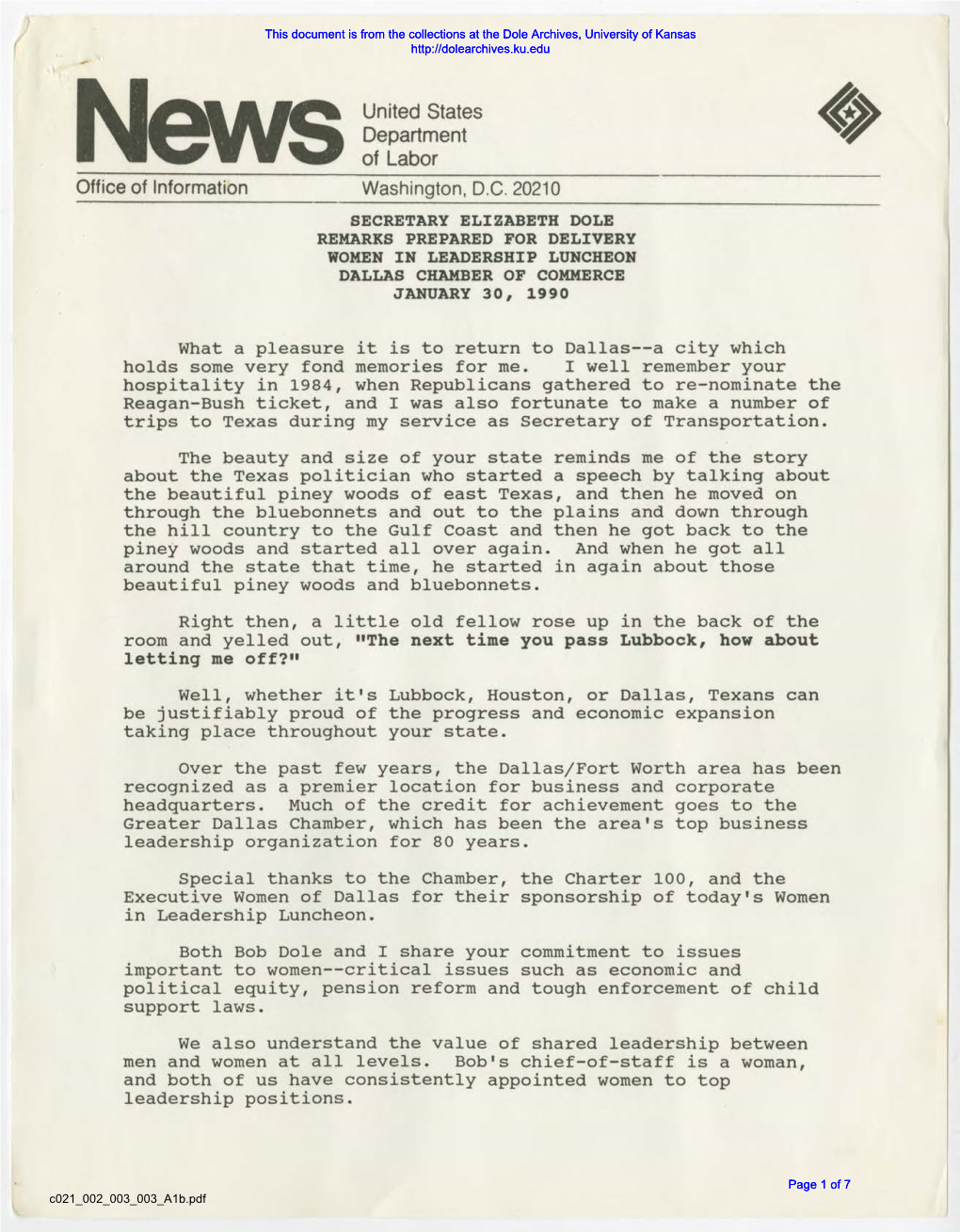 Women in Leadership Luncheon Dallas Chamber of Commerce January 30, 1990