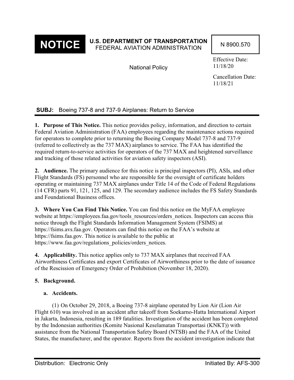 N 8900.570 NOTICE FEDERAL AVIATION ADMINISTRATION Effective Date: National Policy 11/18/20 Cancellation Date: 11/18/21