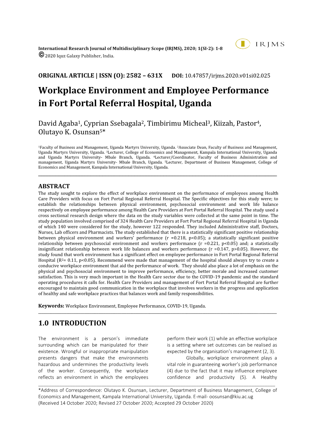 Workplace Environment and Employee Performance in Fort Portal Referral Hospital, Uganda