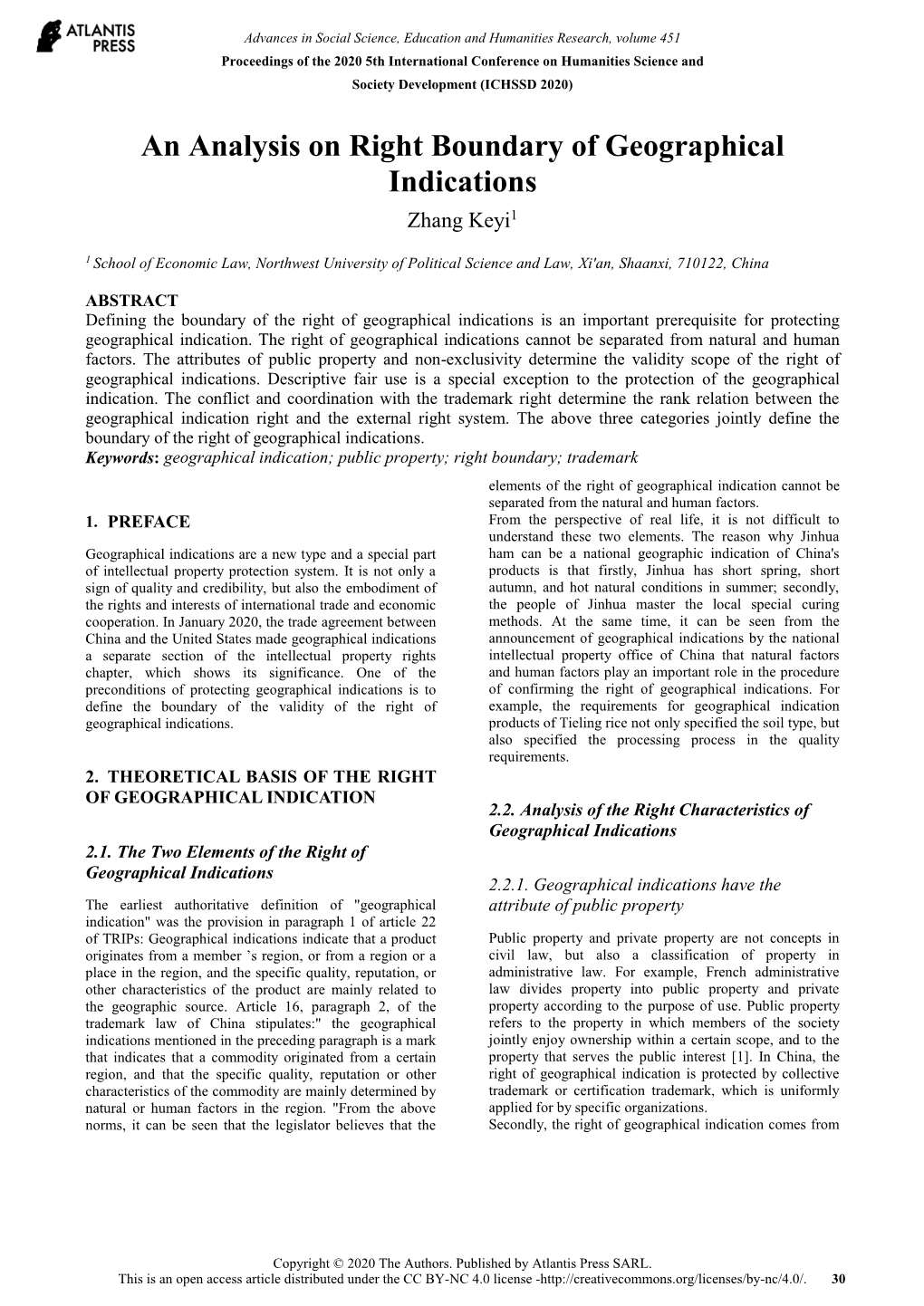 An Analysis on Right Boundary of Geographical Indications Zhang Keyi1