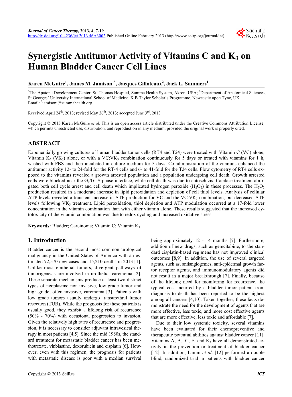 Synergistic Antitumor Activity of Vitamins C and K3 on Human Bladder Cancer Cell Lines