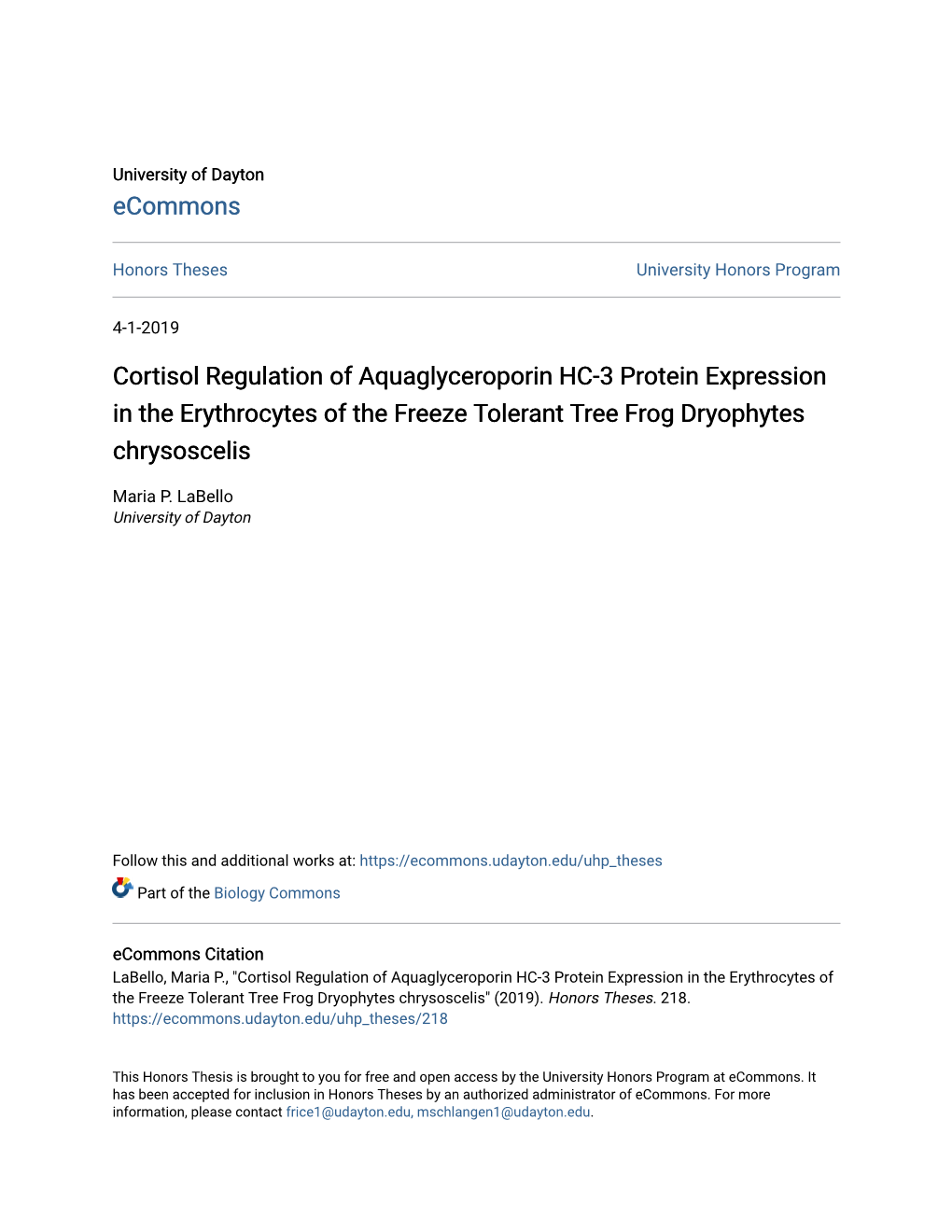 Cortisol Regulation of Aquaglyceroporin HC-3 Protein Expression in the Erythrocytes of the Freeze Tolerant Tree Frog Dryophytes Chrysoscelis