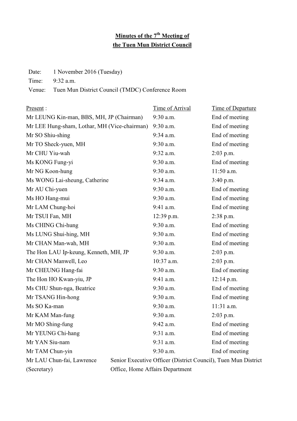 Minutes of the 7 Meeting of the Tuen Mun District Council Date: 1