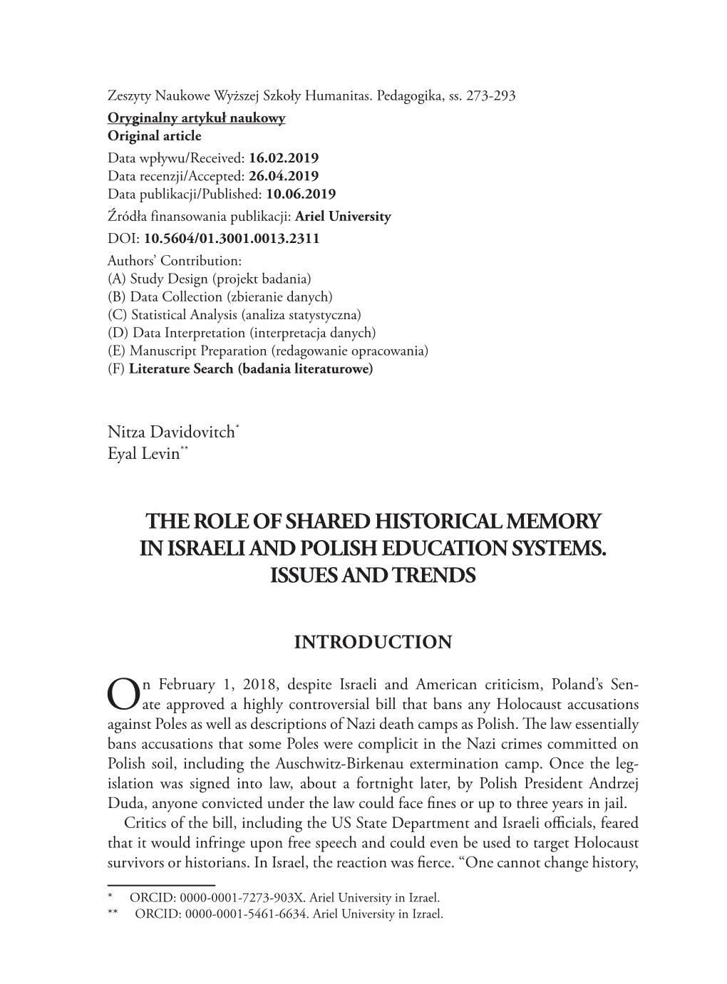 The Role of Shared Historical Memory in Israeli and Polish Education Systems. Issues and Trends