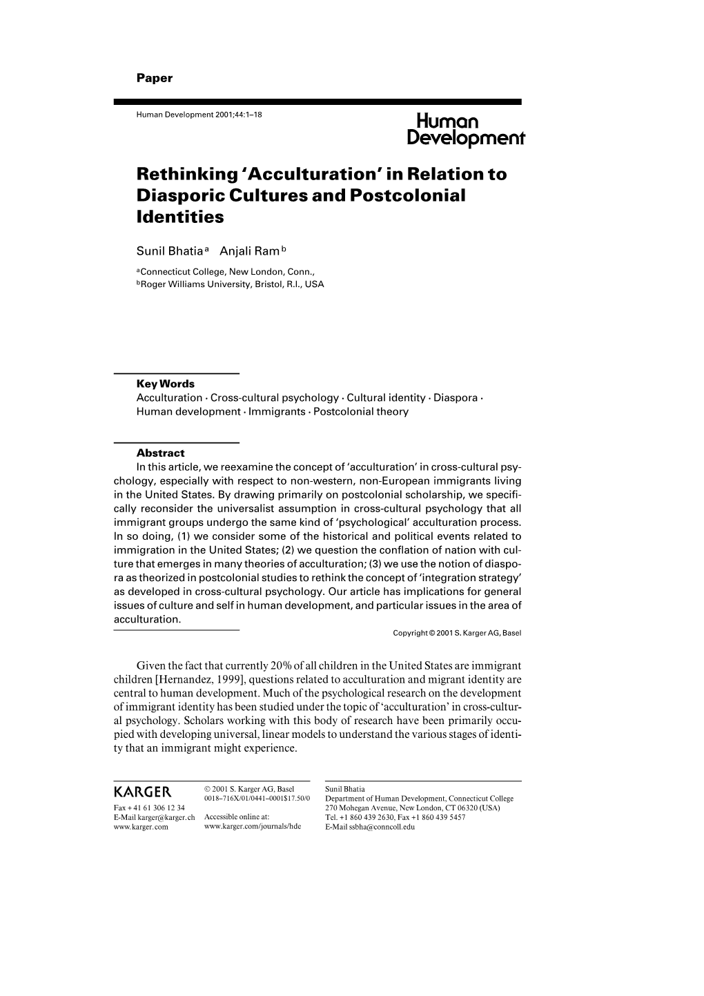 'Acculturation' in Relation to Diasporic Cultures and Postcolonial Identities