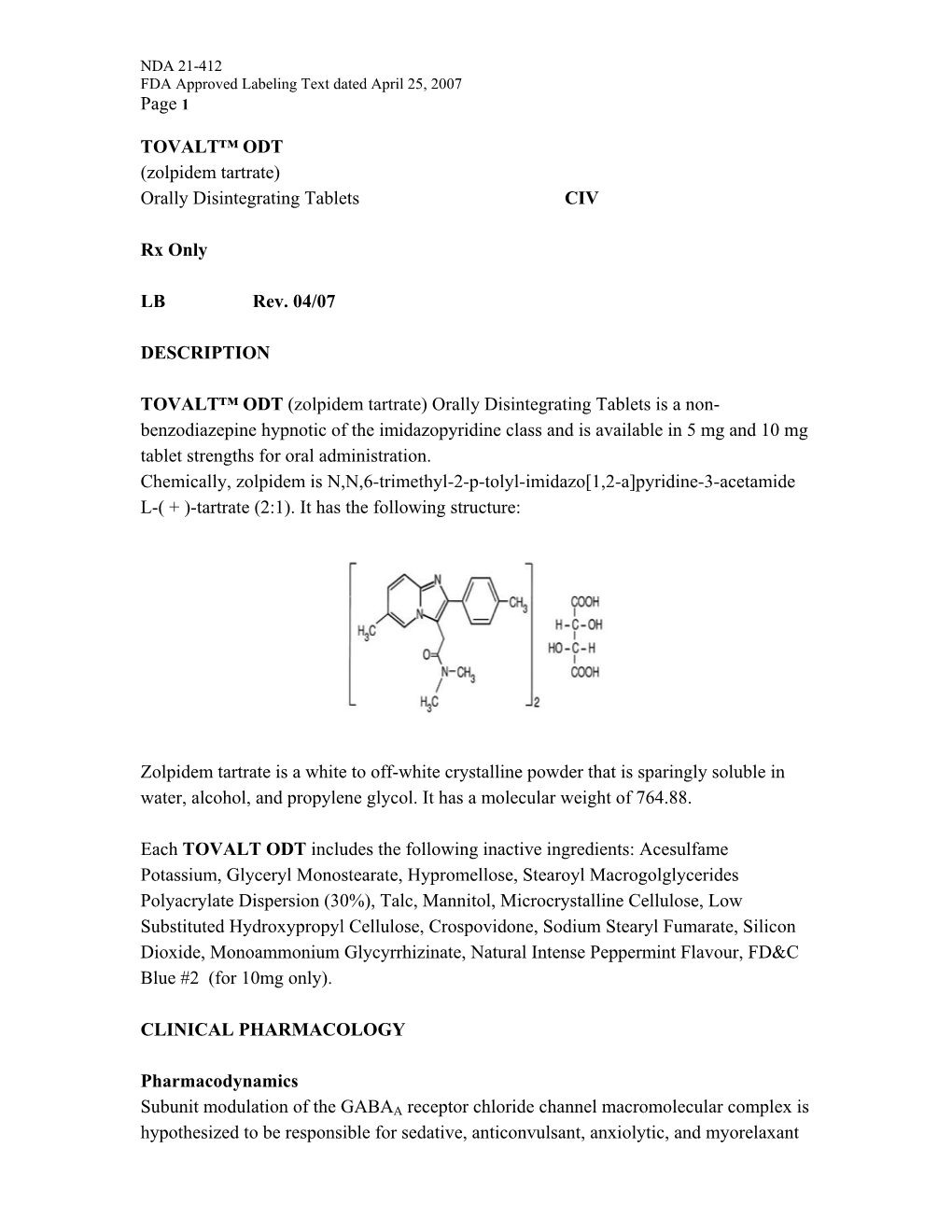 Zolpidem Tartrate) Orally Disintegrating Tablets CIV