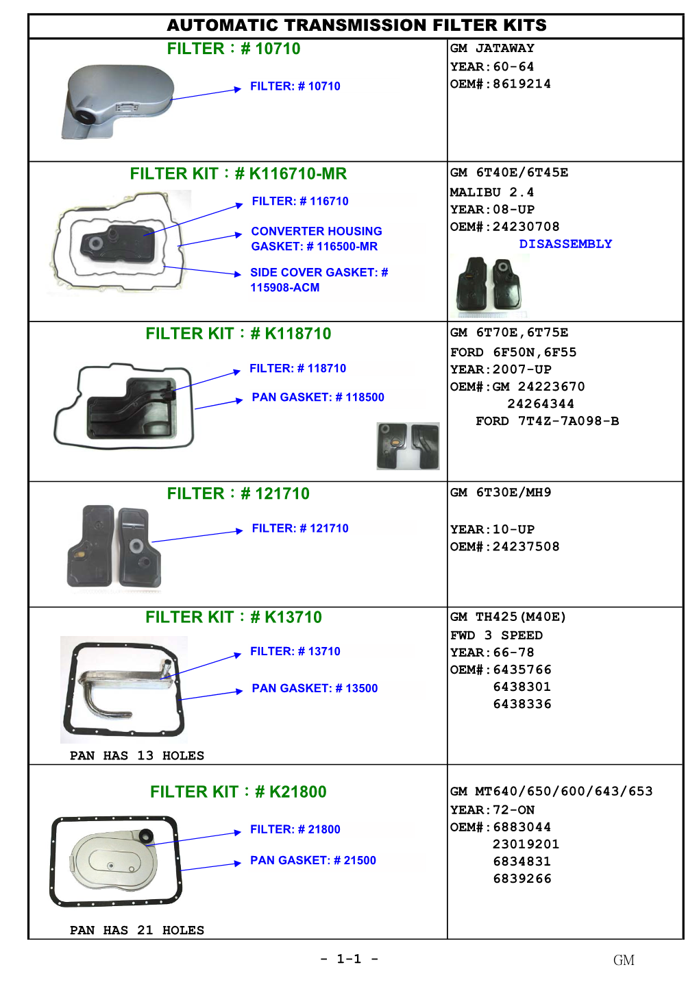 Automatic Transmission Filter Kits Filter：# 10710 Gm Jataway Year:60-64 Filter: # 10710 Oem#:8619214