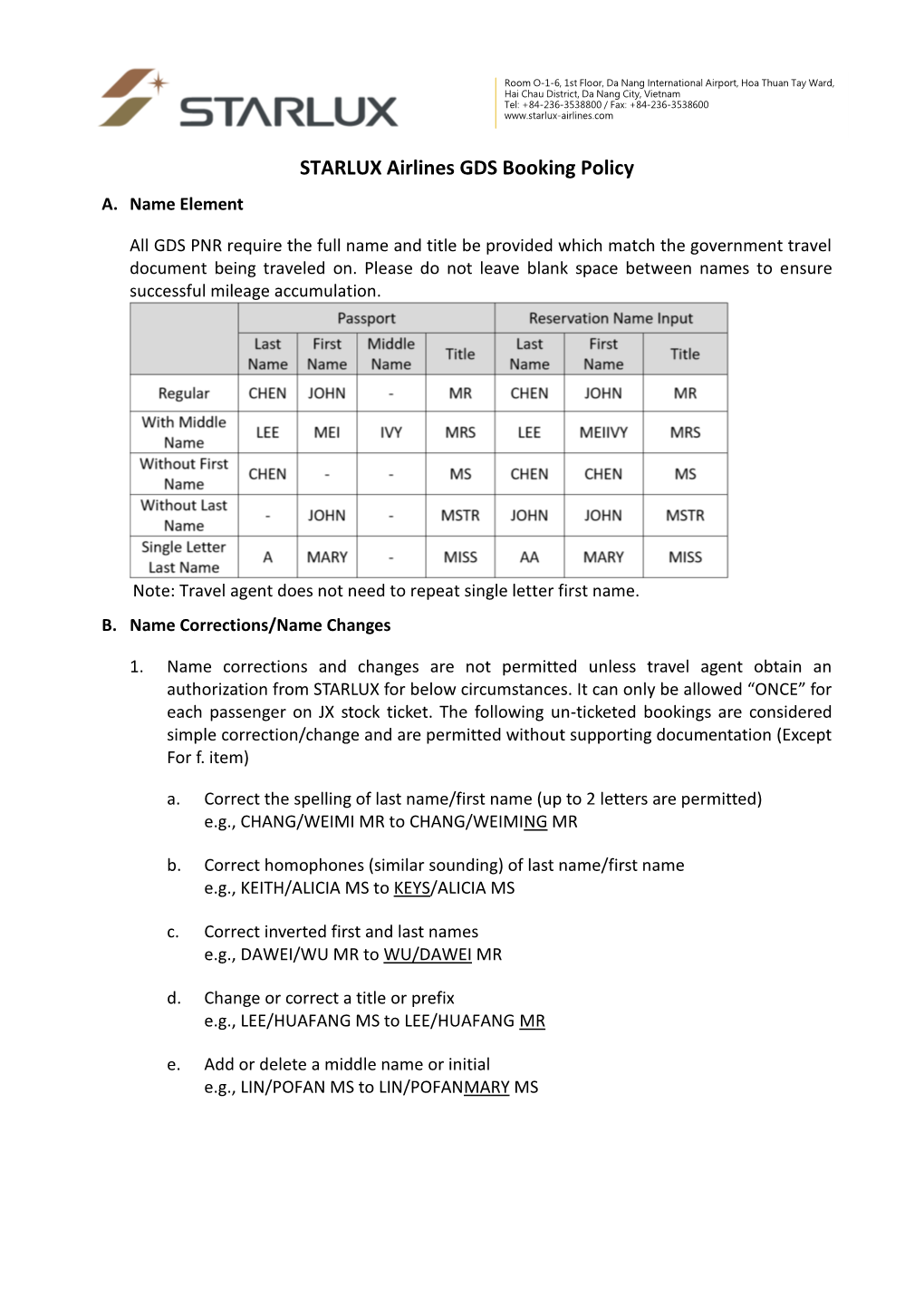 STARLUX Airlines GDS Booking Policy A