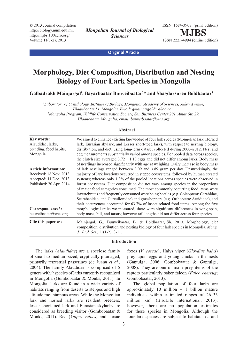 Morphology, Diet Composition, Distribution and Nesting Biology of Four Lark Species in Mongolia