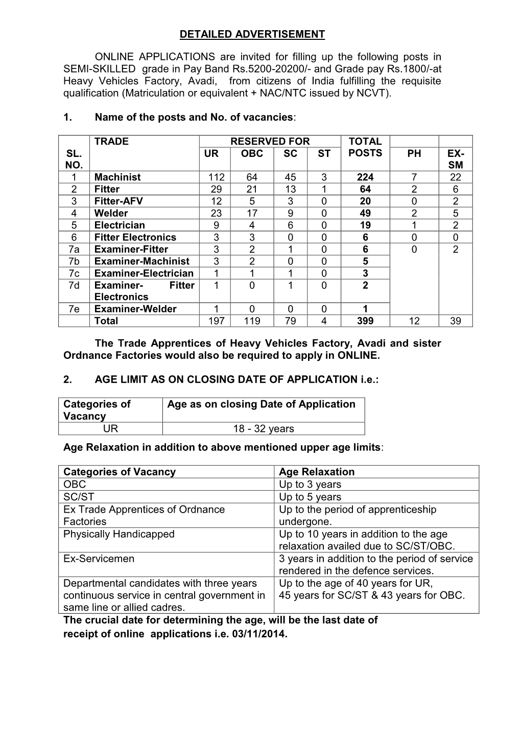 Heavy Vehicles Factory, Avadi, from Citizens of India Fulfilling the Requisite Qualification (Matriculation Or Equivalent + NAC/NTC Issued by NCVT)