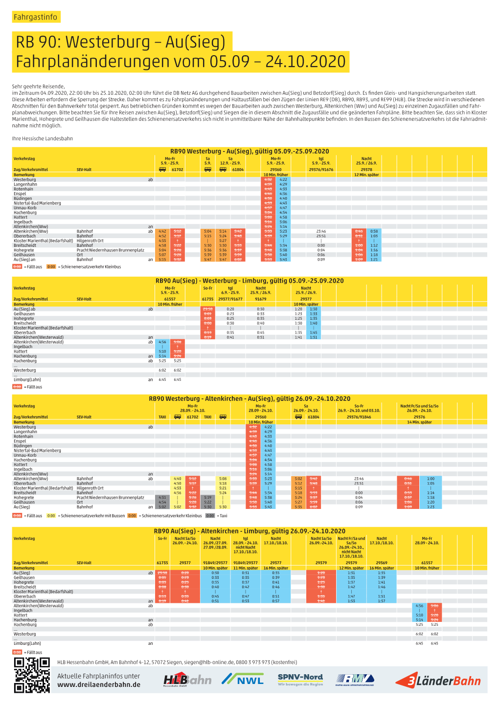 RB 90: Westerburg – Au(Sieg) Fahrplanänderungen Vom 05.09 – 24.10.2020