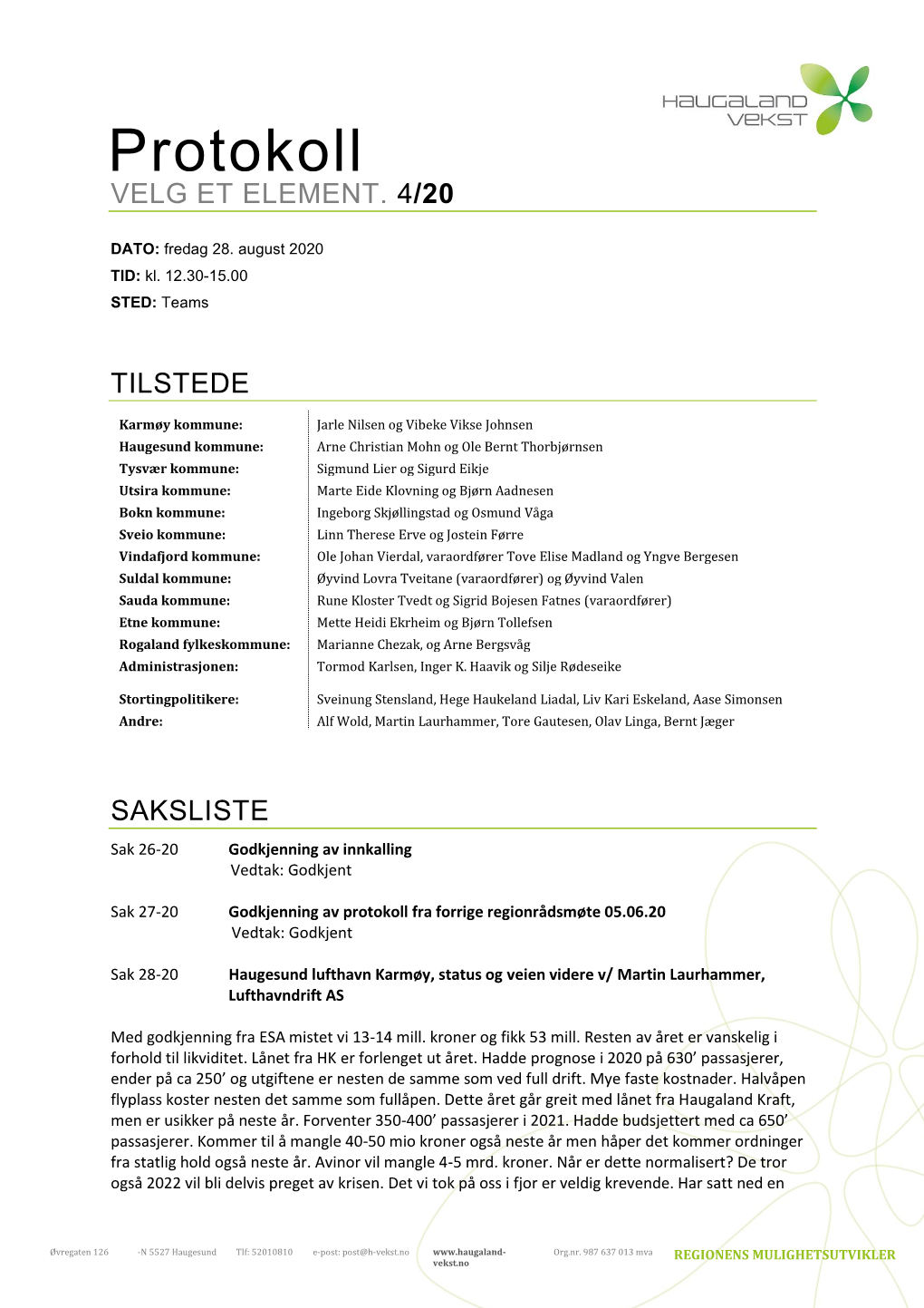 2020 Protokoll Regionrådet for Haugalandet