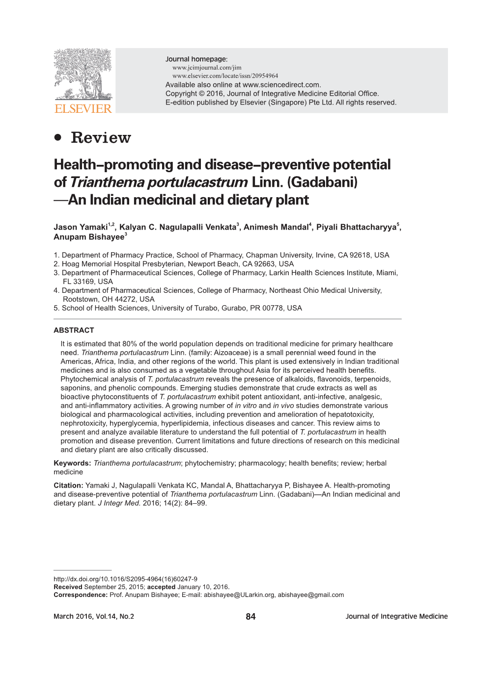 Review Health-Promoting and Disease-Preventive Potential of Trianthema Portulacastrum Linn