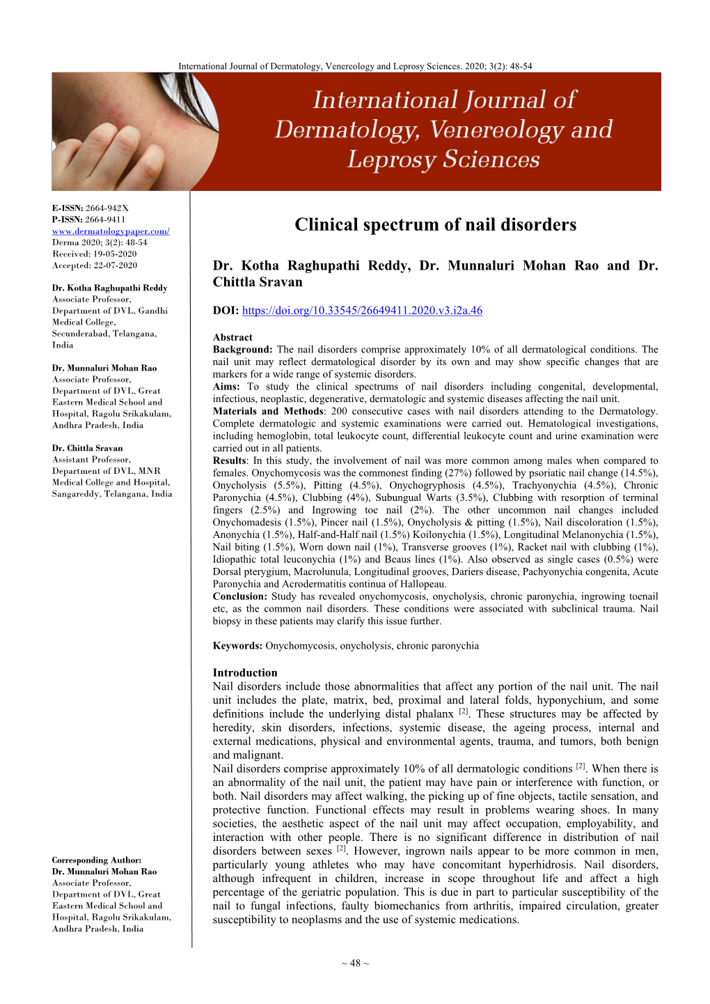Clinical Spectrum of Nail Disorders Derma 2020; 3(2): 48-54 Received: 19-05-2020 Accepted: 22-07-2020 Dr