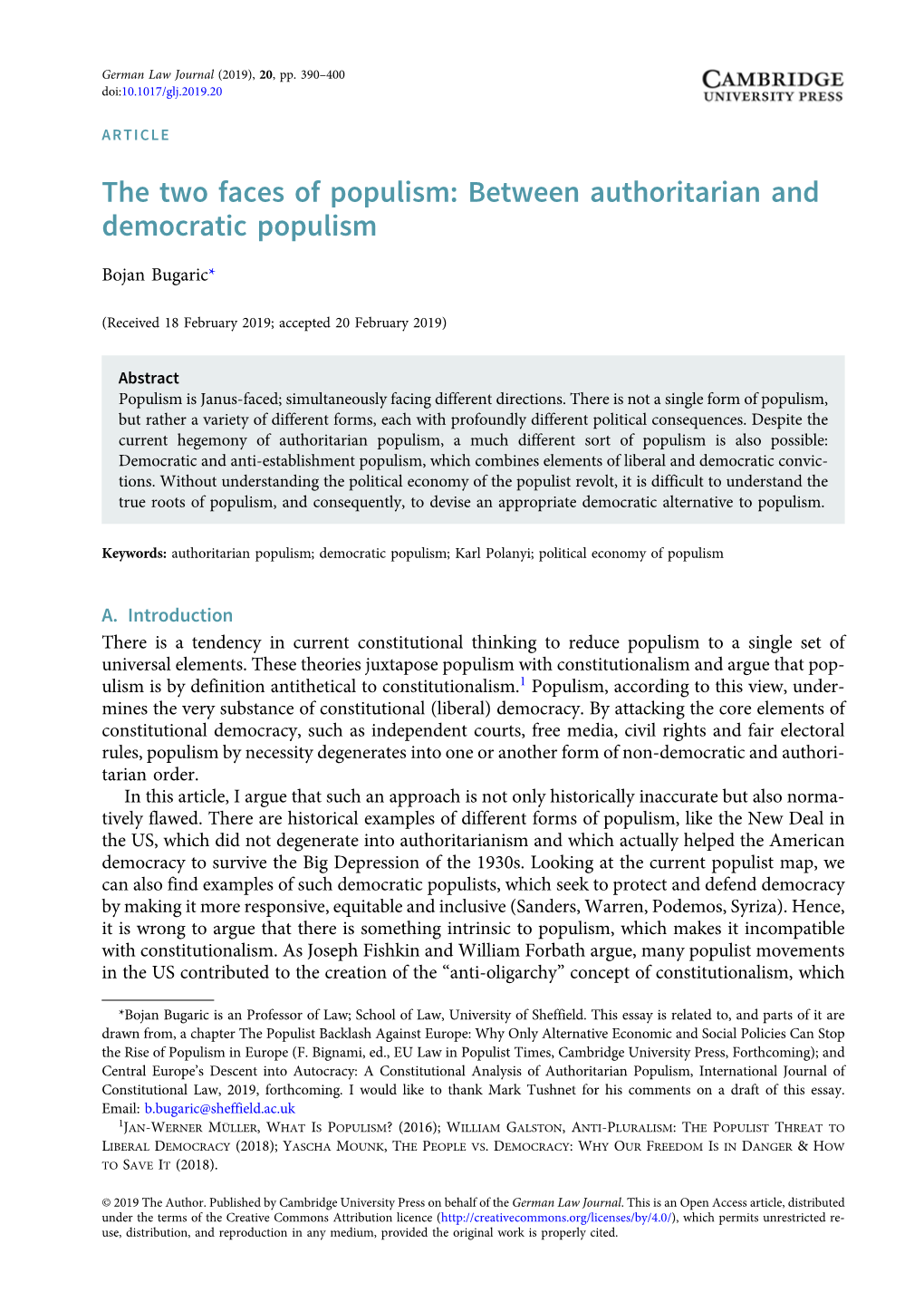 The Two Faces of Populism: Between Authoritarian and Democratic Populism