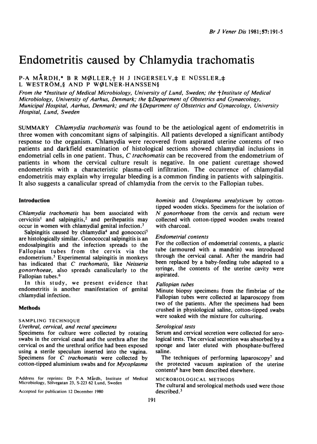 Endometritis Caused by Chlamydia Trachomatis