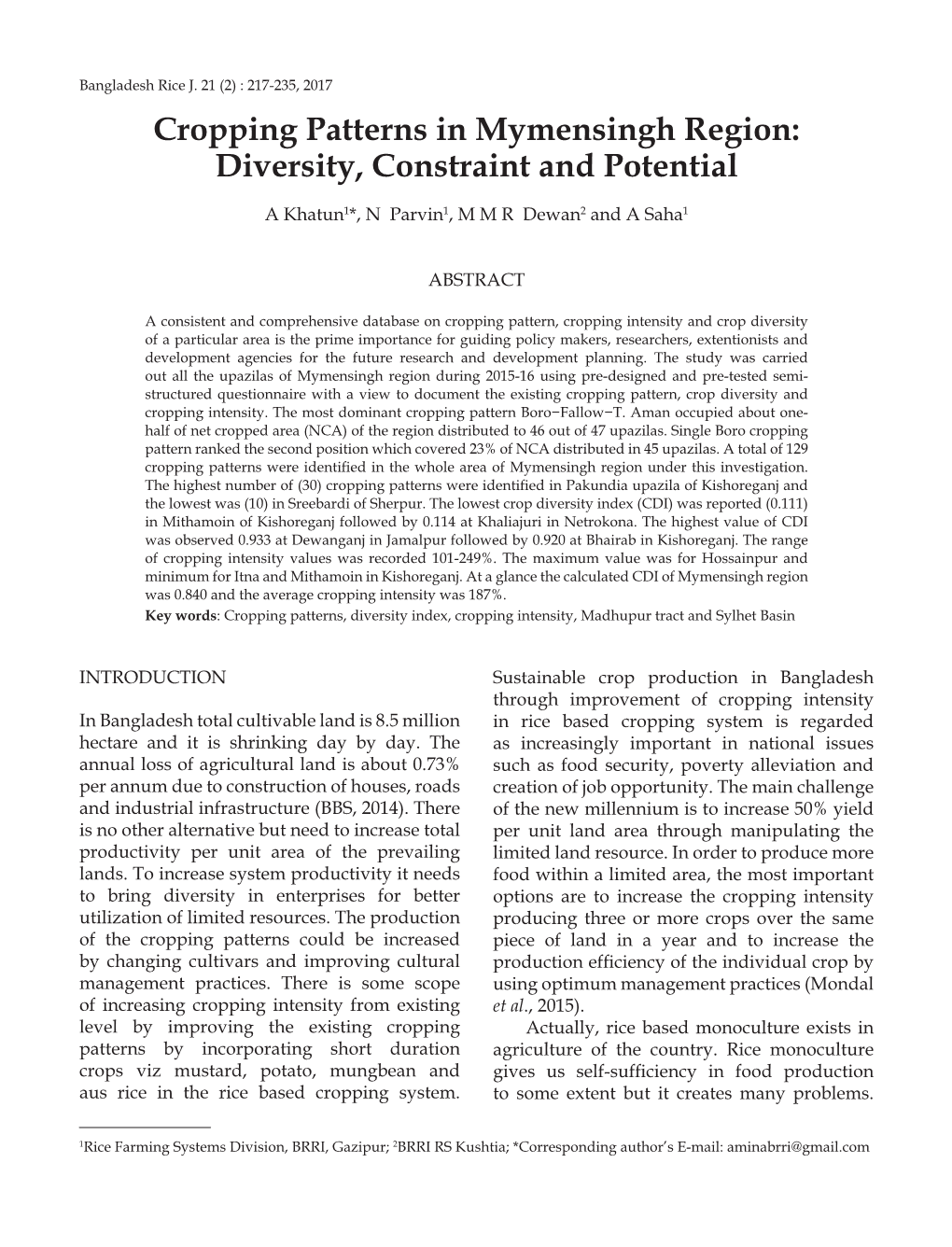 Cropping Patterns in Mymensingh Region: Diversity, Constraint and Potential