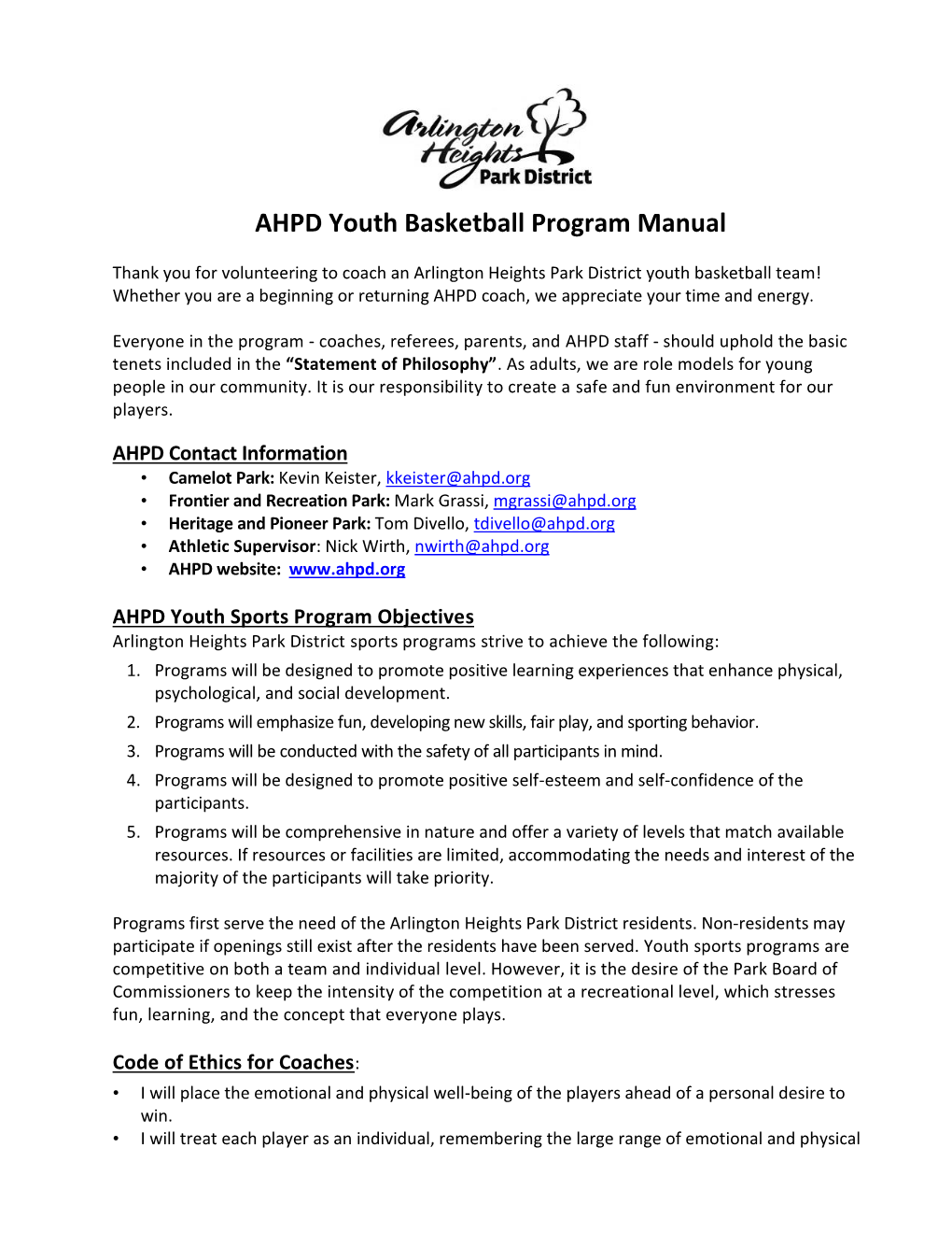 AHPD Youth Basketball Program Manual