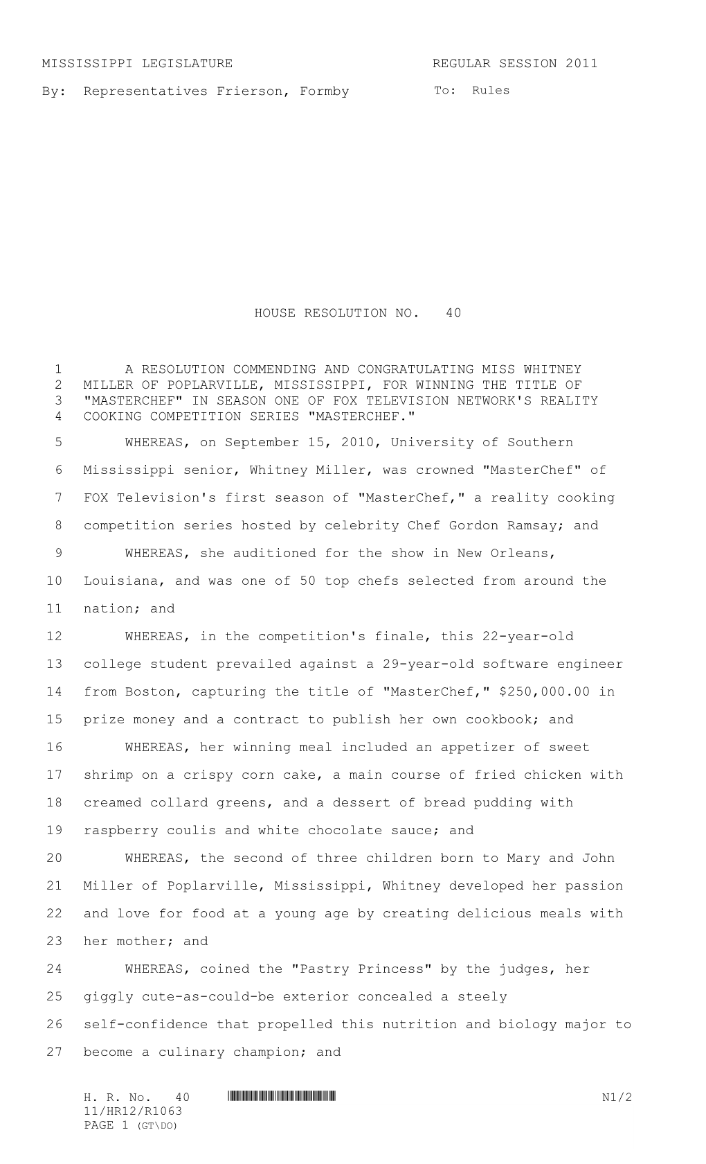 MISSISSIPPI LEGISLATURE REGULAR SESSION 2011 By