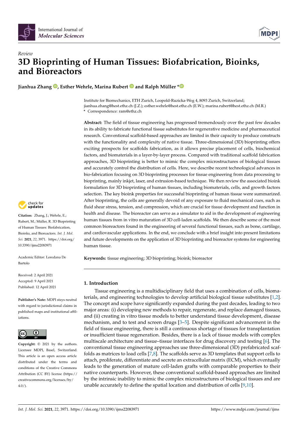 3D Bioprinting of Human Tissues: Biofabrication, Bioinks, and Bioreactors