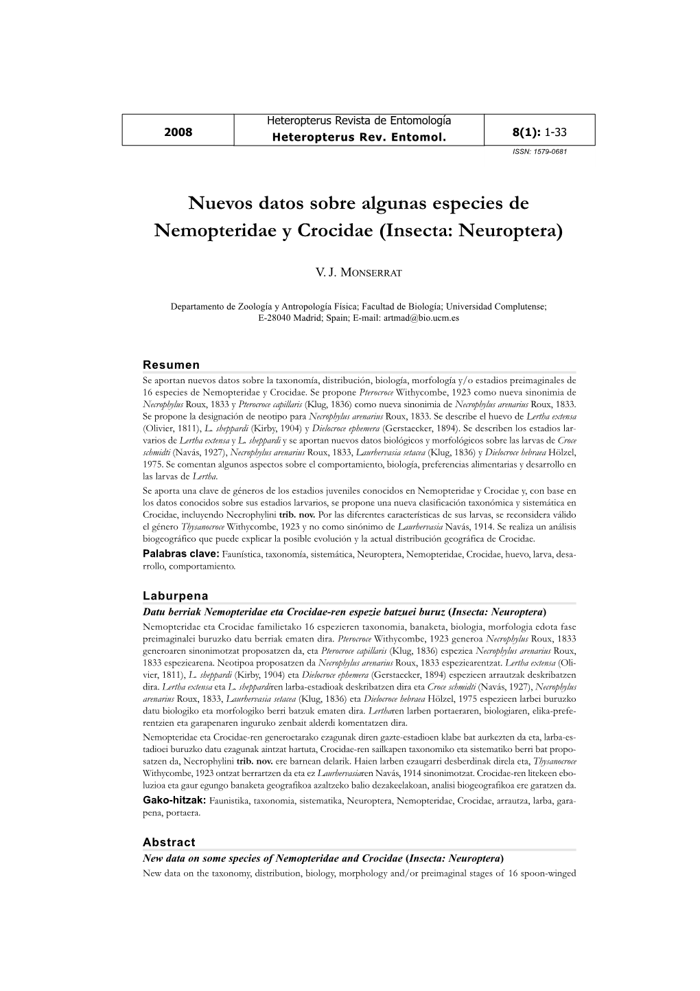 Nuevos Datos Sobre Algunas Especies De Nemopteridae Y Crocidae (Insecta: Neuroptera)