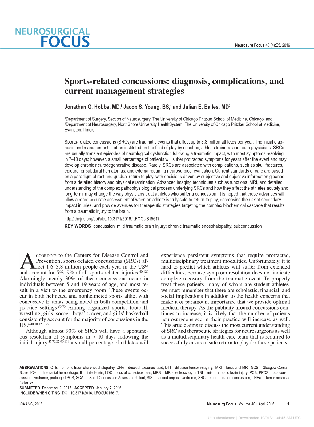 Sports-Related Concussions: Diagnosis, Complications, and Current Management Strategies