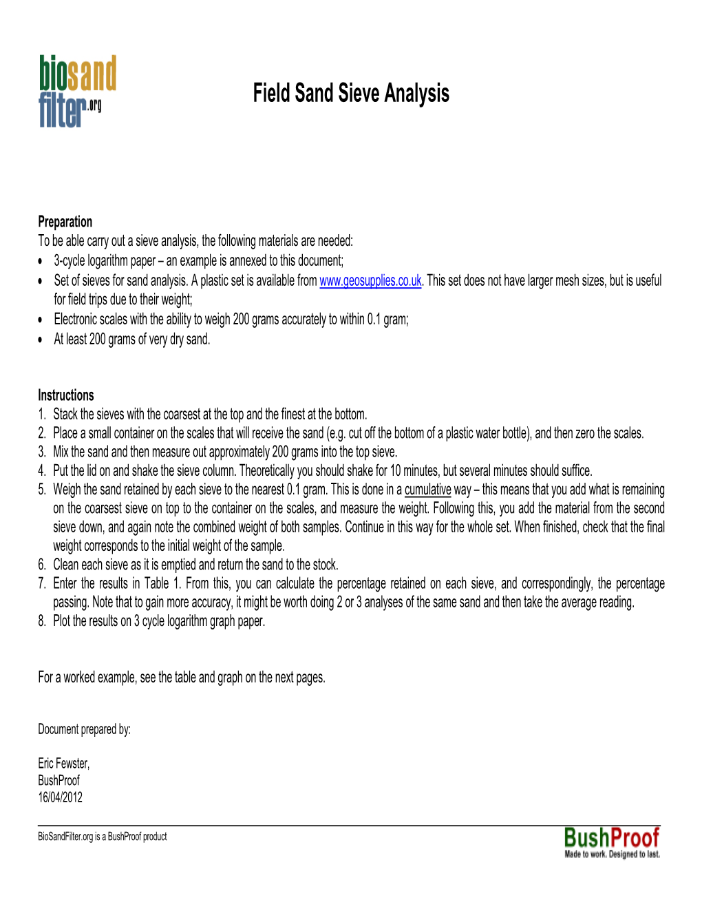 Field Sand Sieve Analysis Instructions