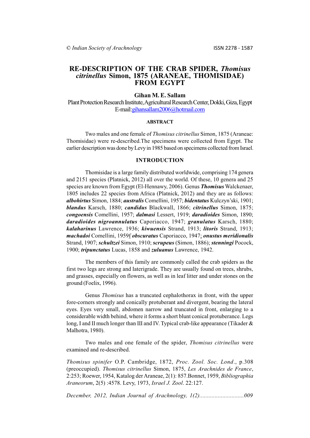 RE-DESCRIPTION of the CRAB SPIDER, Thomisus Citrinellus Simon, 1875 (ARANEAE, THOMISIDAE) from EGYPT Gihan M