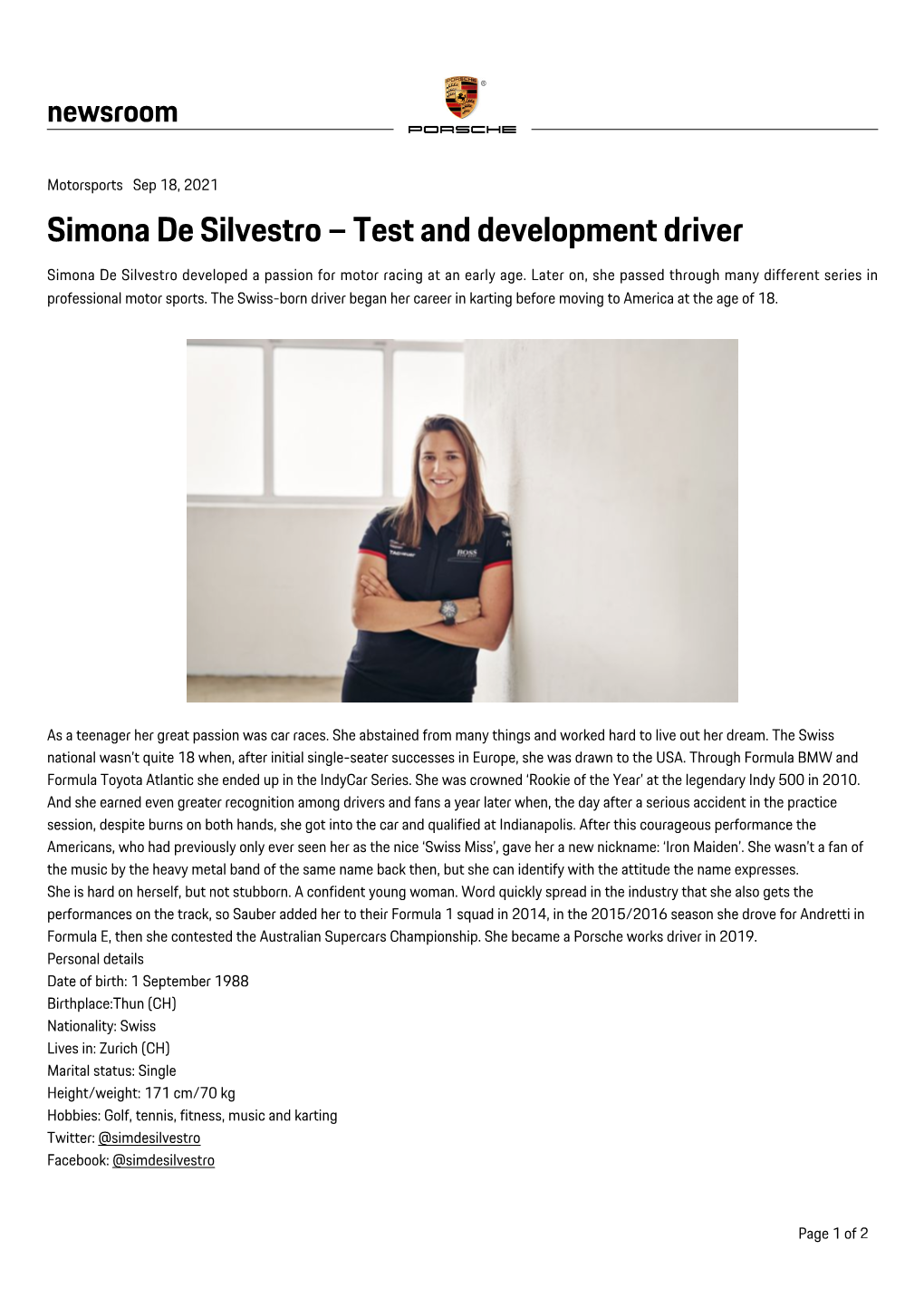 Simona De Silvestro – Test and Development Driver Simona De Silvestro Developed a Passion for Motor Racing at an Early Age