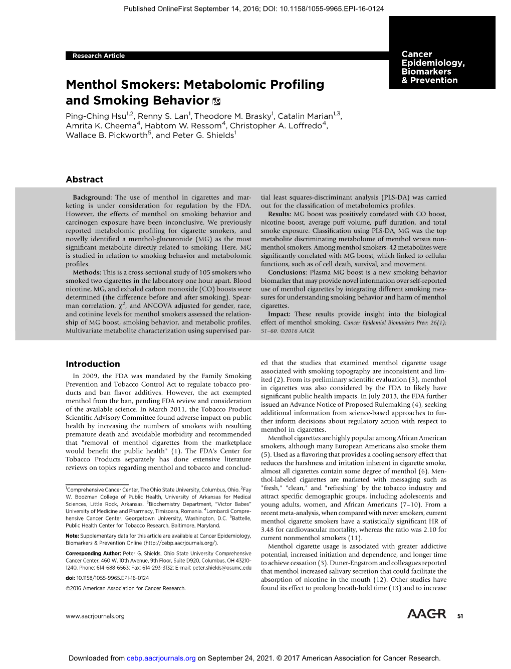 Menthol Smokers: Metabolomic Profiling and Smoking Behavior