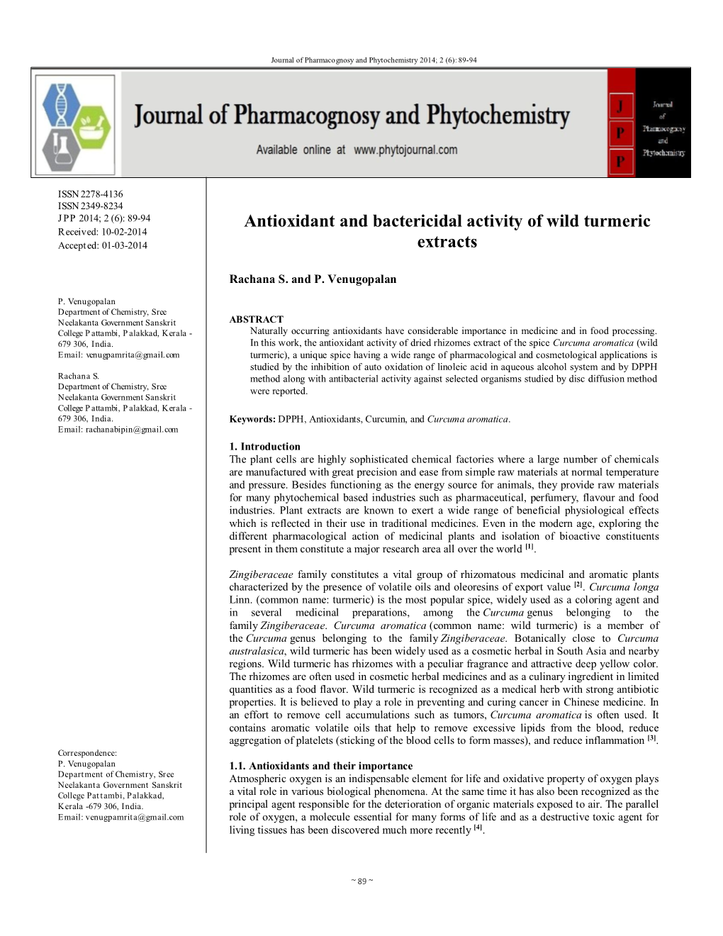 Antioxidant and Bactericidal Activity of Wild Turmeric Extracts