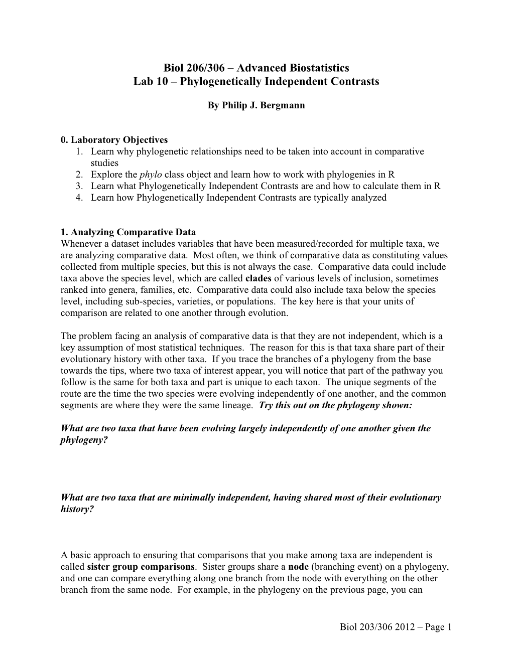 Lab 10 Phylogenetically Independent Contrasts