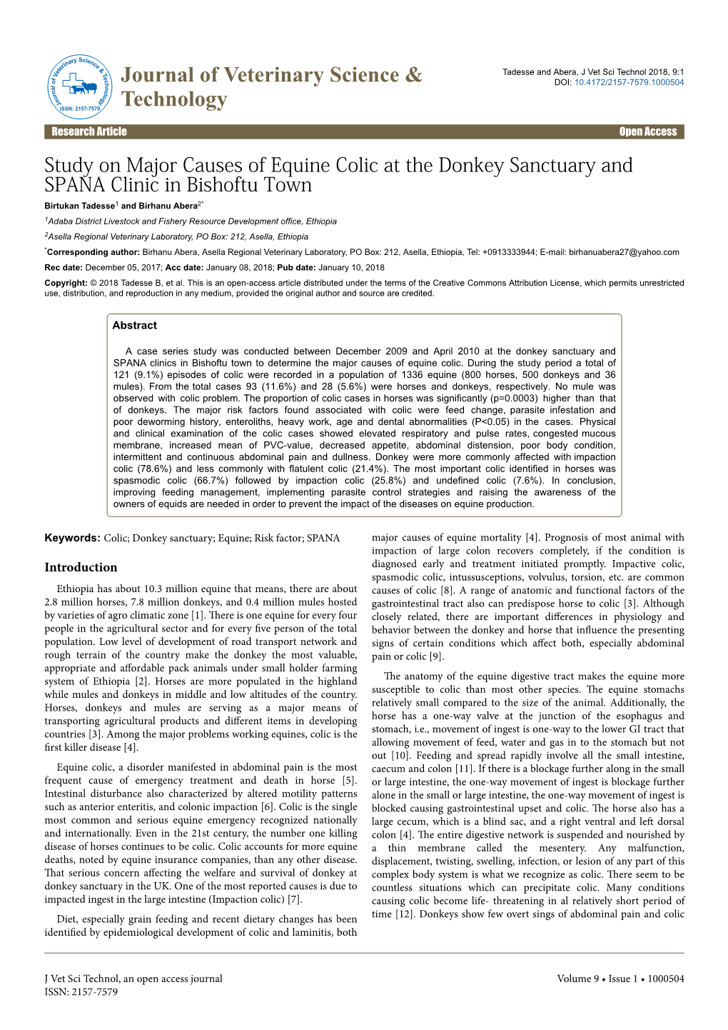 Study on Major Causes of Equine Colic at the Donkey Sanctuary And