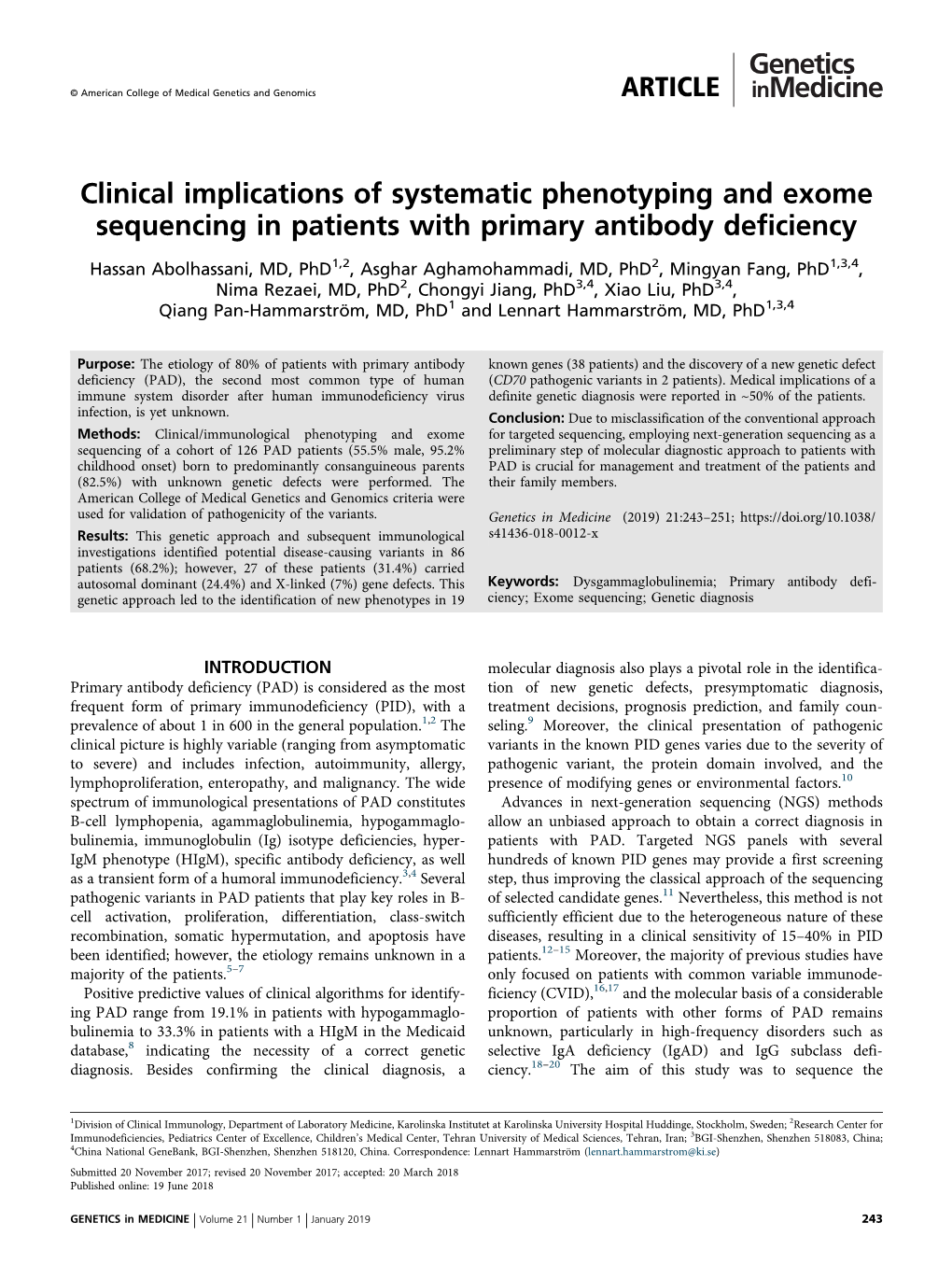 Clinical Implications of Systematic Phenotyping and Exome Sequencing in Patients with Primary Antibody Deficiency