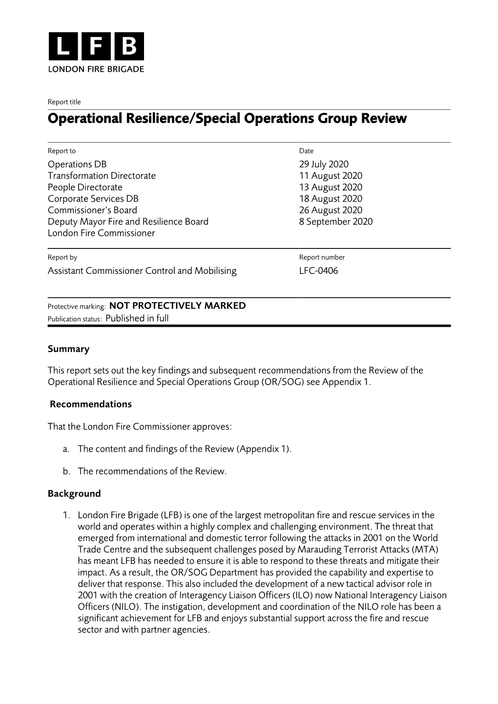 Operational Resilience/Special Operations Group Review