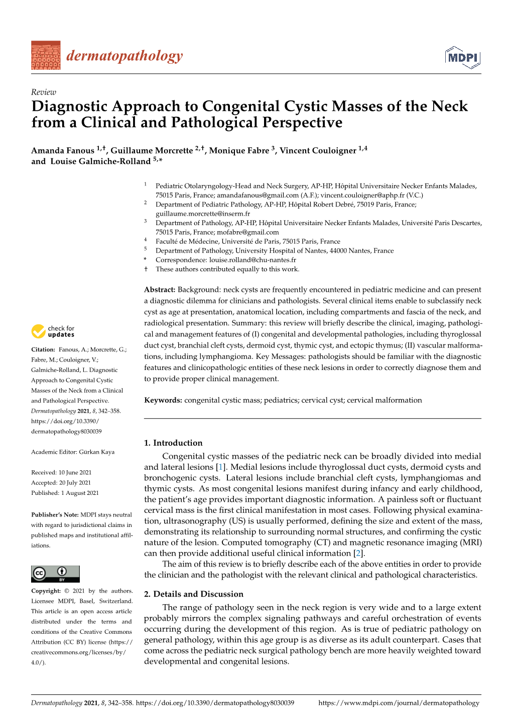 Diagnostic Approach to Congenital Cystic Masses of the Neck from a Clinical and Pathological Perspective