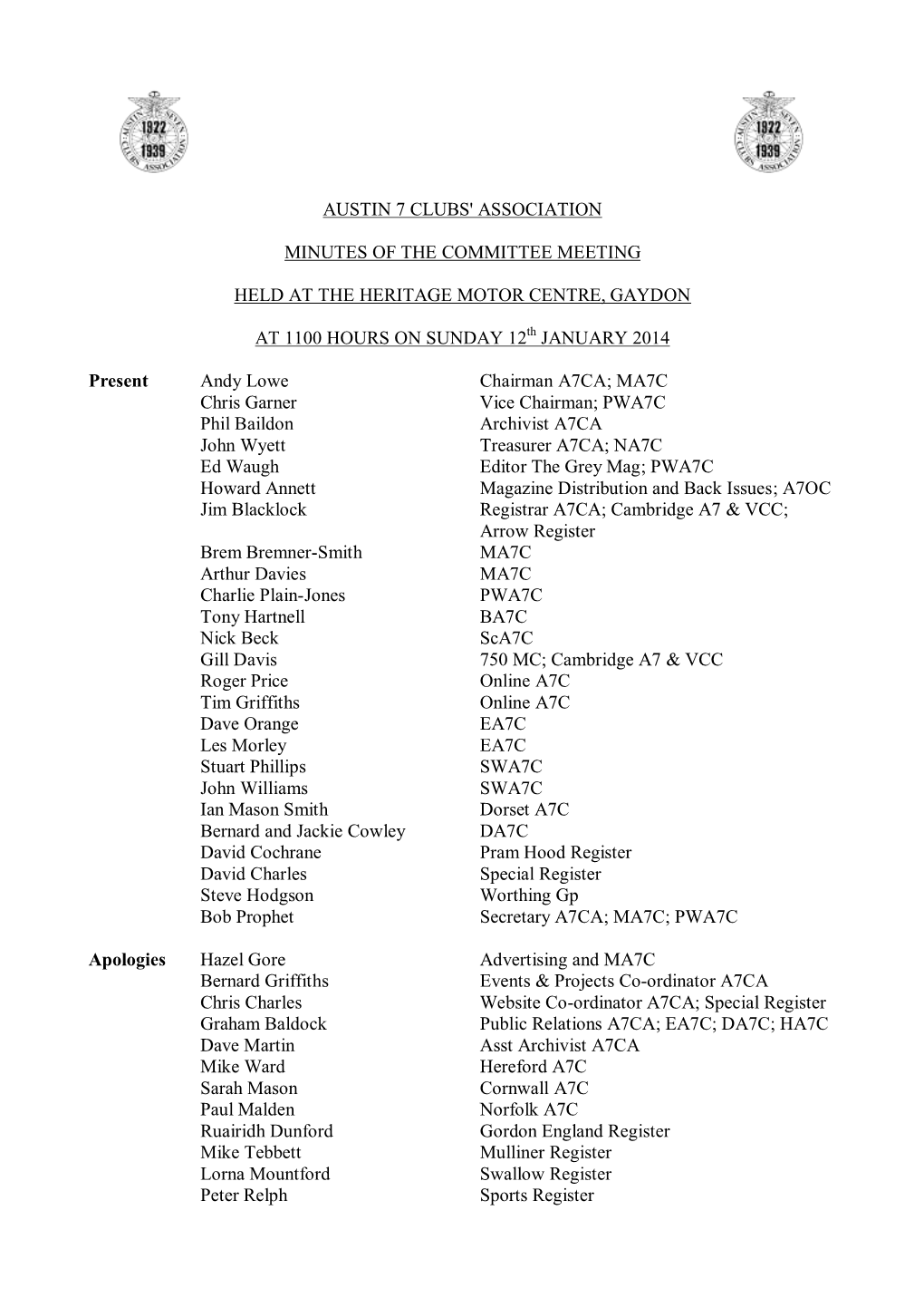 Austin 7 Clubs' Association Minutes of the Committee Meeting Held at the Heritage Motor Centre, Gaydon at 1100 Hours on Sunday 1