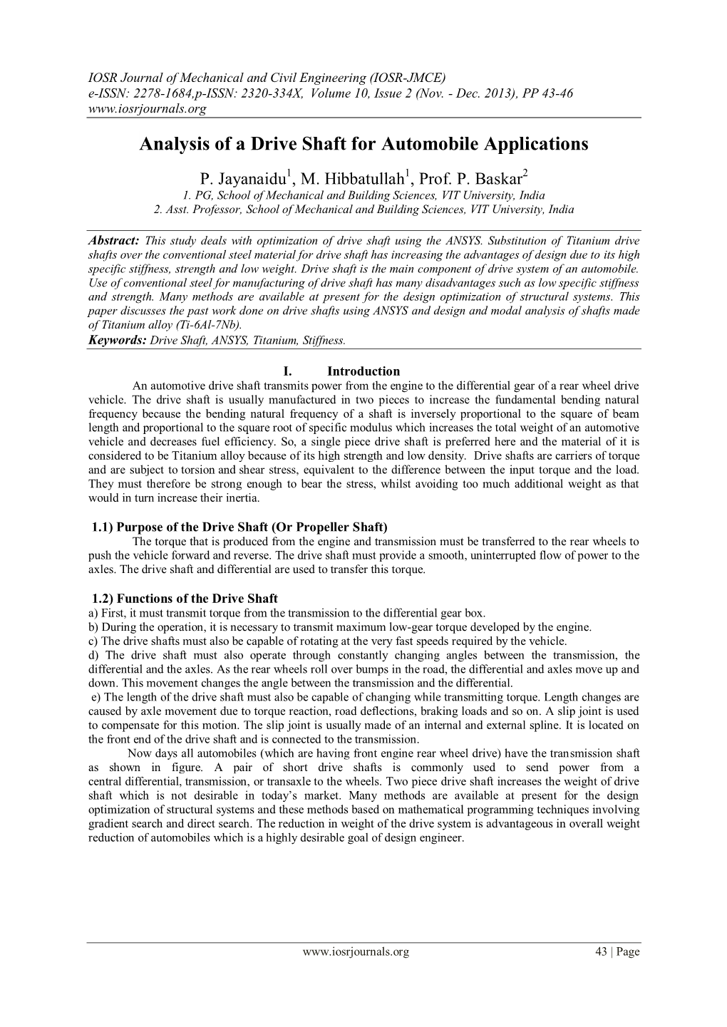 Analysis of a Drive Shaft for Automobile Applications