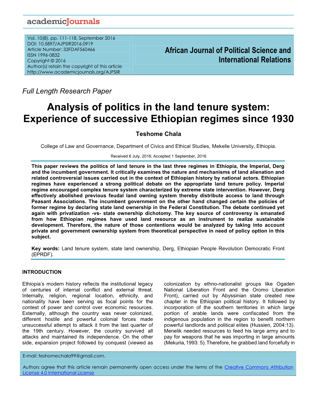 Analysis of Politics in the Land Tenure System: Experience of Successive Ethiopian Regimes Since 1930