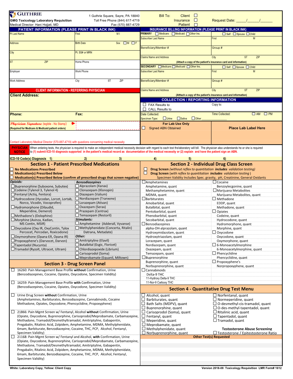 Quantitative Drug Test Menu Section 2