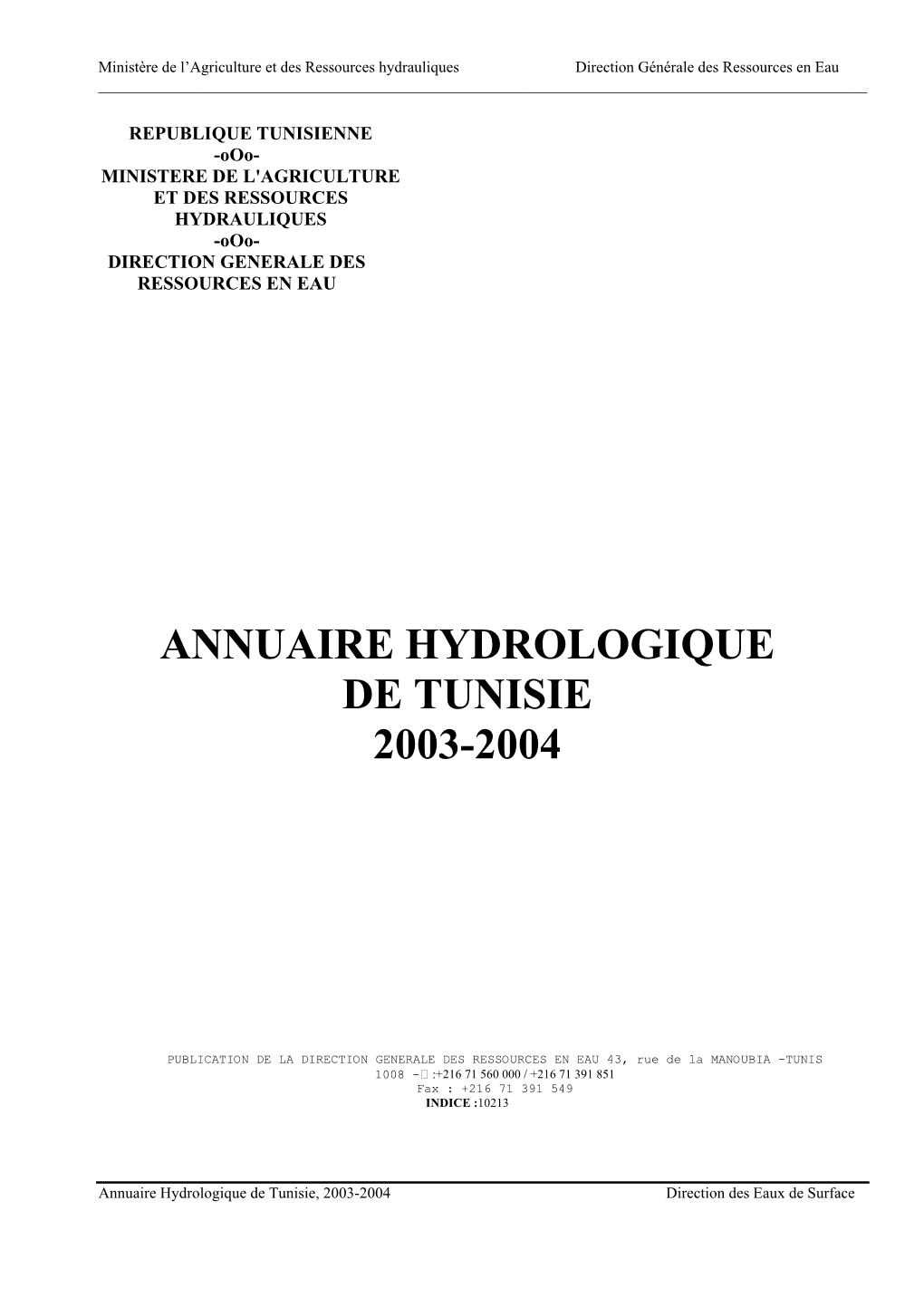 Annuaire Hydrologique De Tunisie 2003-2004